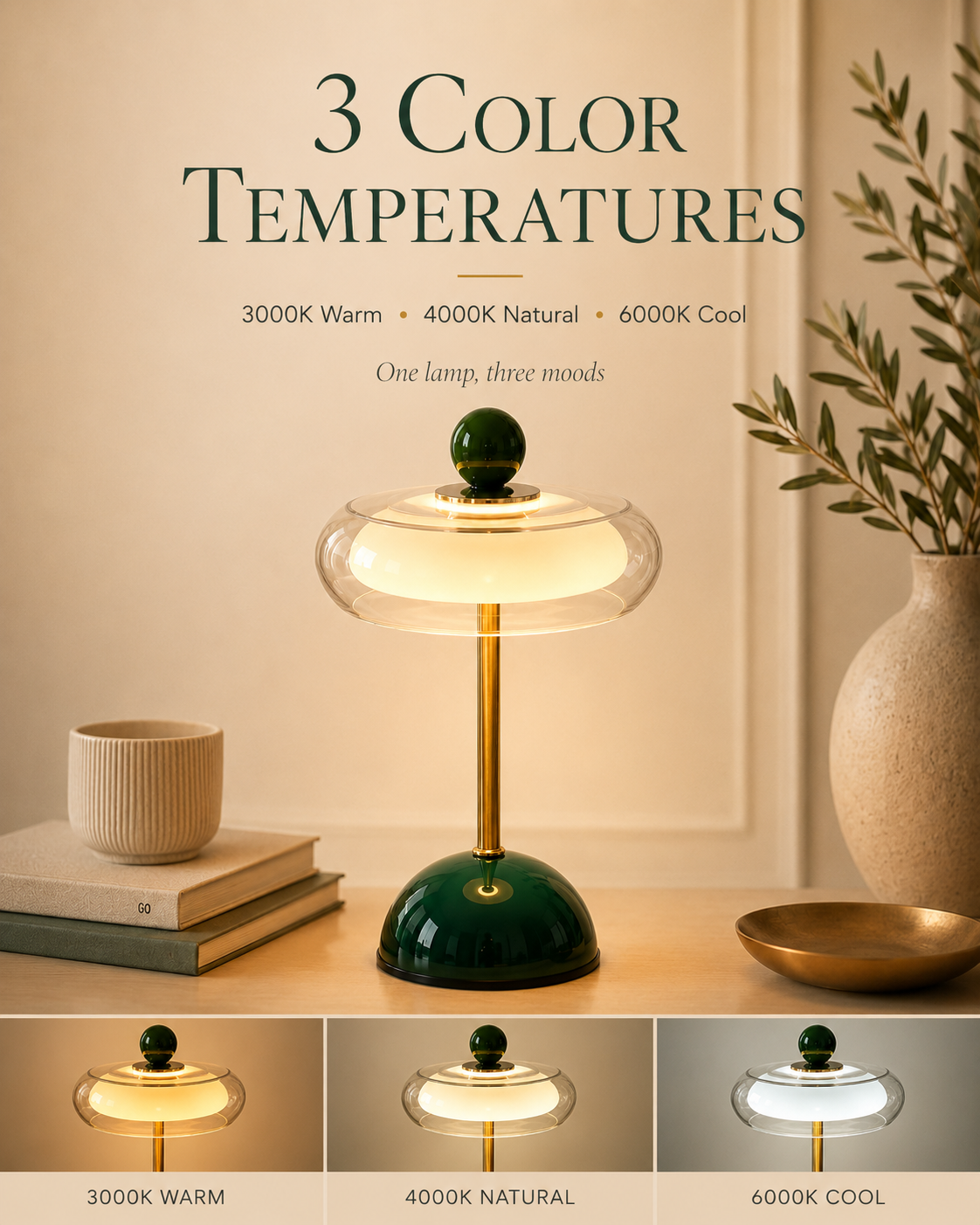Cordless Glass Table Lamp, Rechargeable Dimmable USB-C Retro Touch Lamp, 3 Color Temperatures for Bedroom, Desk & Living Room | Lonoma