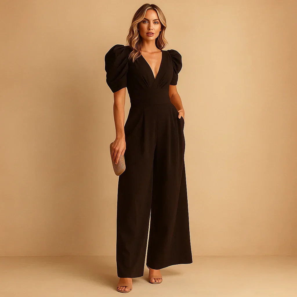 Women's Tailored Jumpsuit with Statement Puff Sleeves in Five Elegant Colours — Full-Length Formal Jumpsuit | Koossa