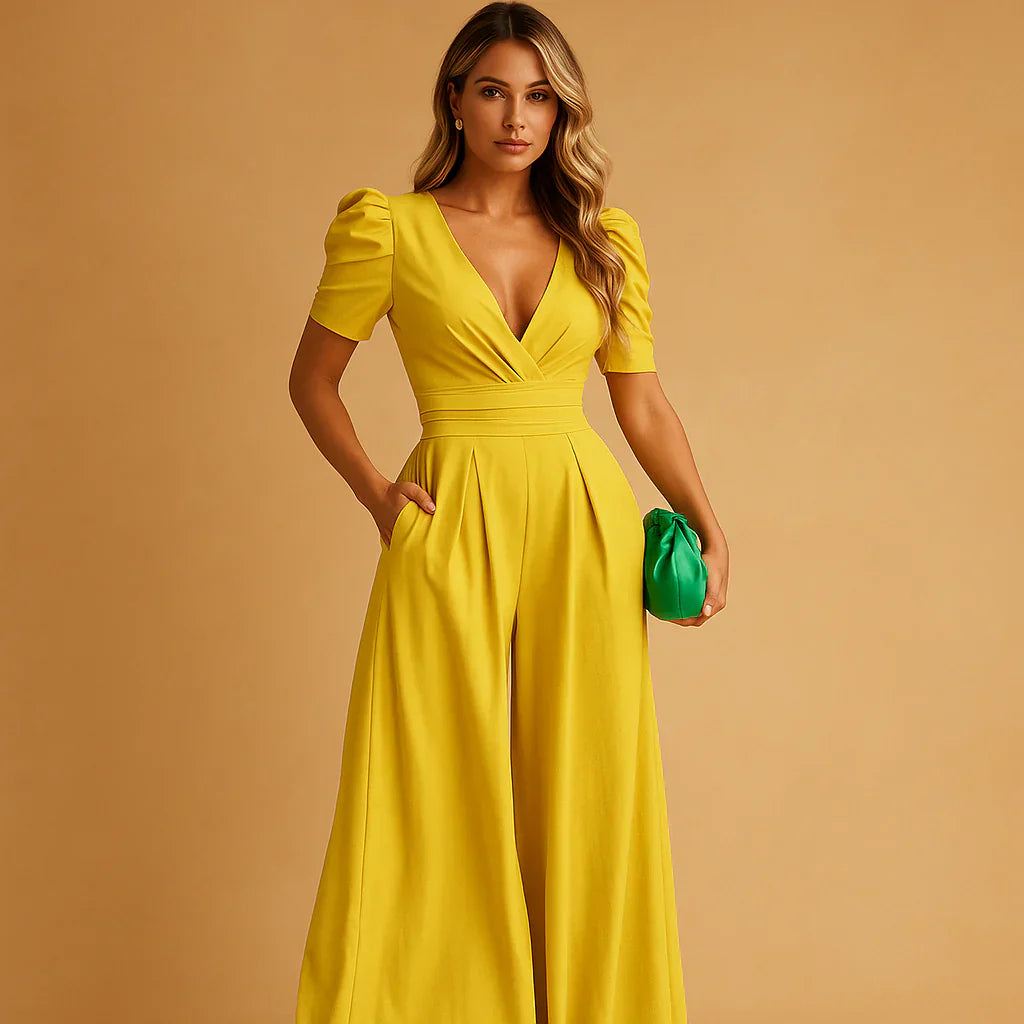 Women's Tailored Jumpsuit with Statement Puff Sleeves in Five Elegant Colours — Full-Length Formal Jumpsuit | Koossa