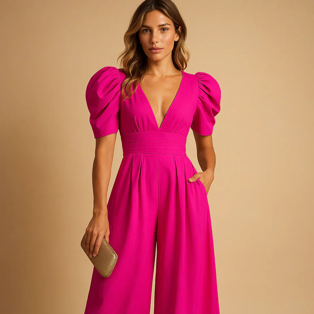 Women's Tailored Jumpsuit with Statement Puff Sleeves in Five Elegant Colours — Full-Length Formal Jumpsuit | Koossa