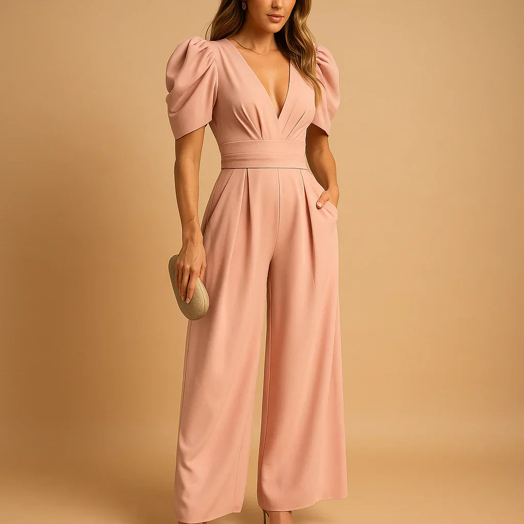 Women's Tailored Jumpsuit with Statement Puff Sleeves in Five Elegant Colours — Full-Length Formal Jumpsuit | Koossa