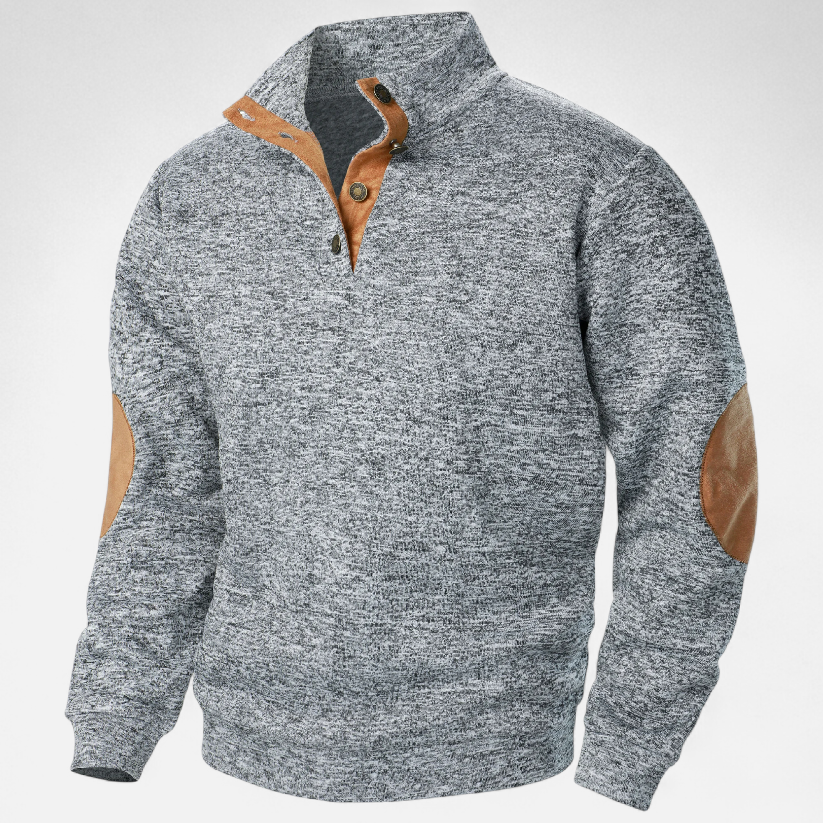 Stand-Collar Knitted Pullover with Elbow Patches in Nine Colours | Classic Half-Button Design for Office and Weekend | Warm Layering Jumper | Koossa
