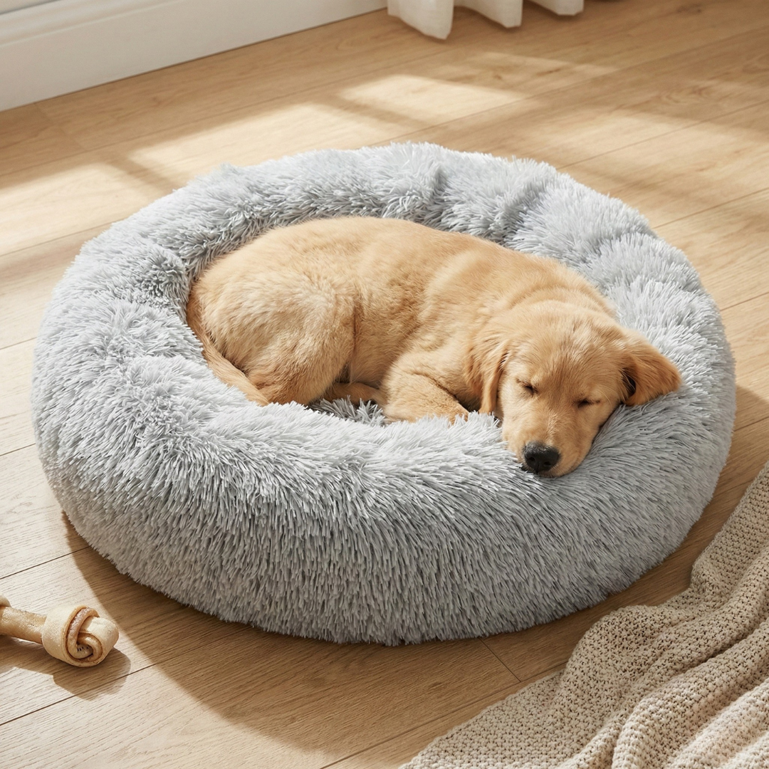Dog Calming Bed Plush Donut Round Washable Cover Large Medium Anti-Anxiety Nesting Dog Bed Fluffy Shaggy Grey Curl-Up | Koossa