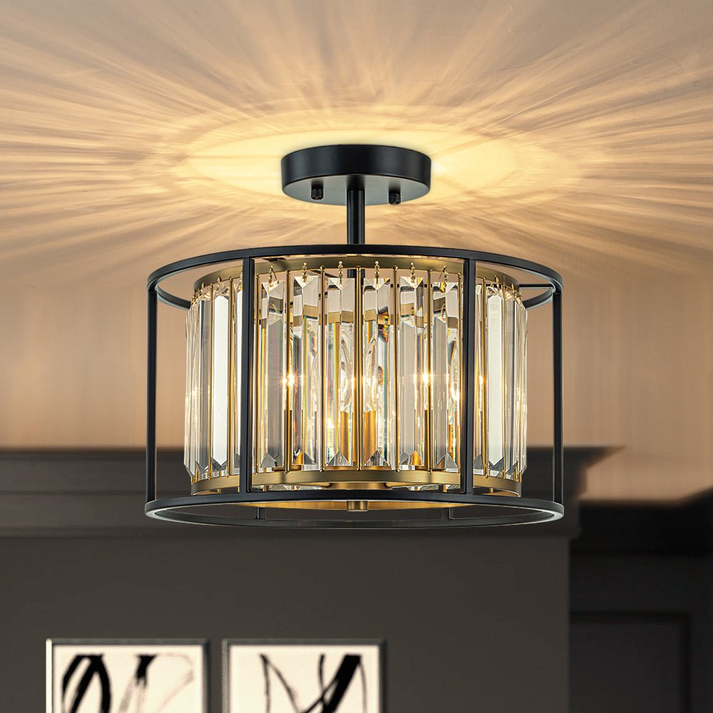 Semi Flush Mount Ceiling Light with Faceted Crystal Accents and Black Brass Finish for Foyer Dining Room Bedroom Kitchen | Lonoma