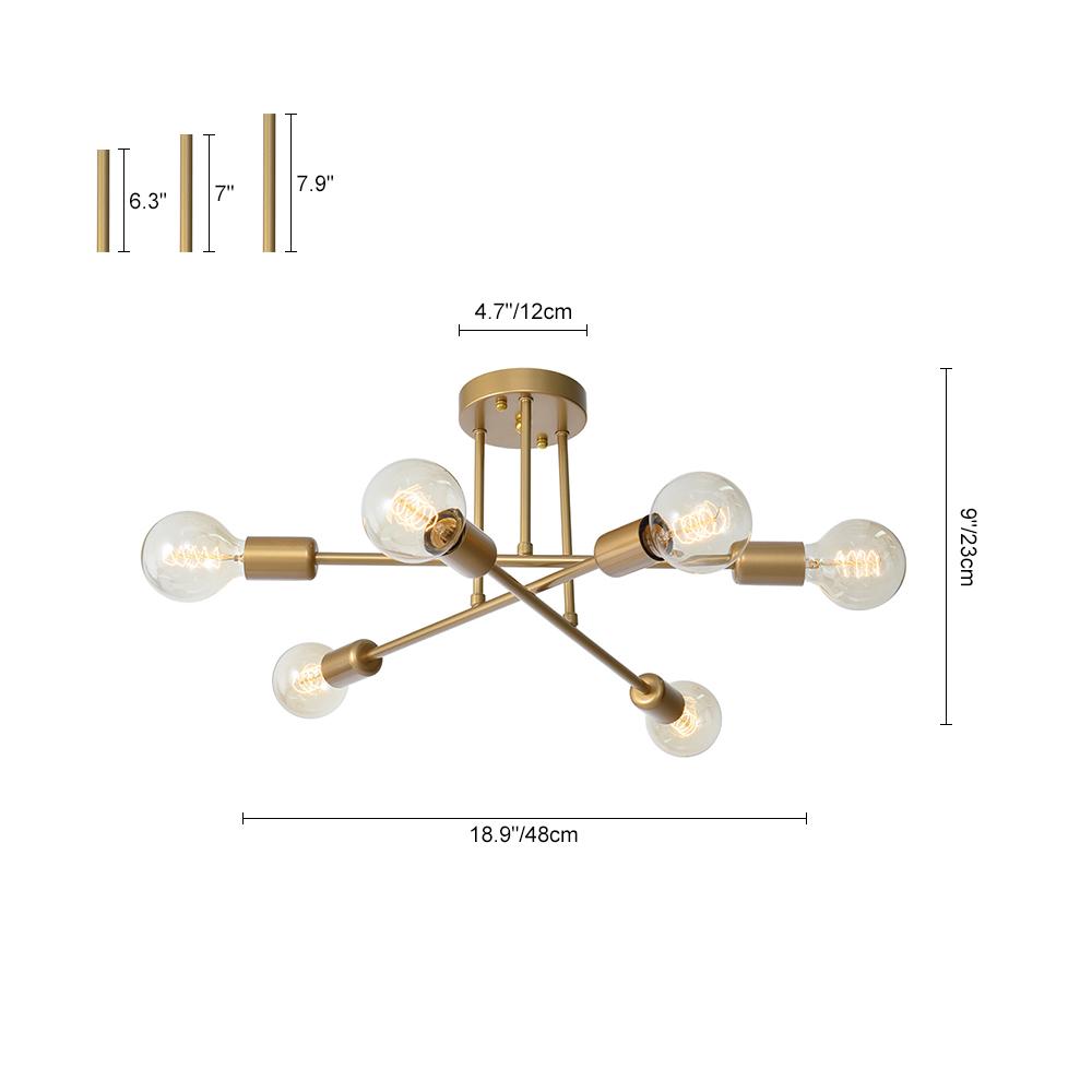 6-Light Ceiling Fixture Mid-Century Starburst Design Gold Metal Arms E26 Socket Sloped Ceiling Compatible Hallway Entryway Dining Room | Lonoma