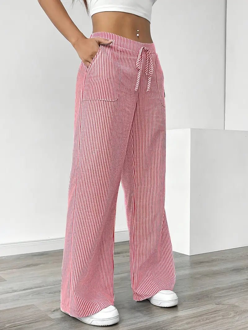 Women's Linen Wide-Leg Trousers with Vertical Stripes and Drawstring Waist | Lightweight Summer Trousers with Pockets | Koossa