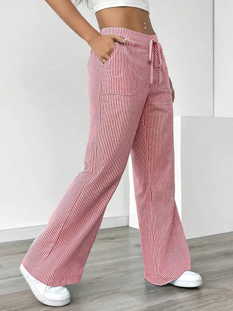 Women's Linen Wide-Leg Trousers with Vertical Stripes and Drawstring Waist | Lightweight Summer Trousers with Pockets | Koossa