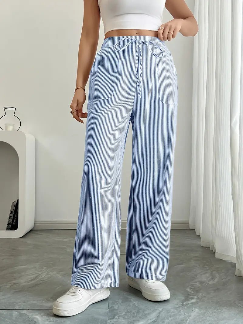 Women's Linen Wide-Leg Trousers with Vertical Stripes and Drawstring Waist | Lightweight Summer Trousers with Pockets | Koossa