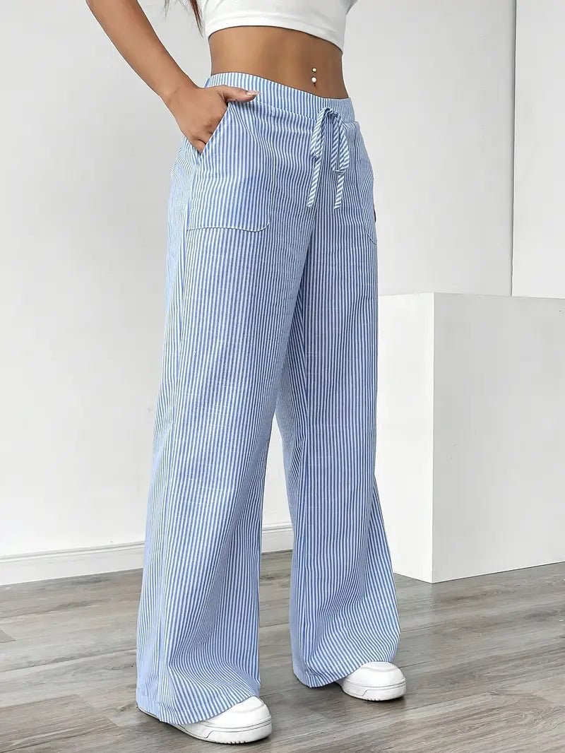 Women's Linen Wide-Leg Trousers with Vertical Stripes and Drawstring Waist | Lightweight Summer Trousers with Pockets | Koossa