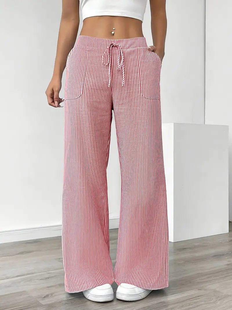 Women's Linen Wide-Leg Trousers with Vertical Stripes and Drawstring Waist | Lightweight Summer Trousers with Pockets | Koossa
