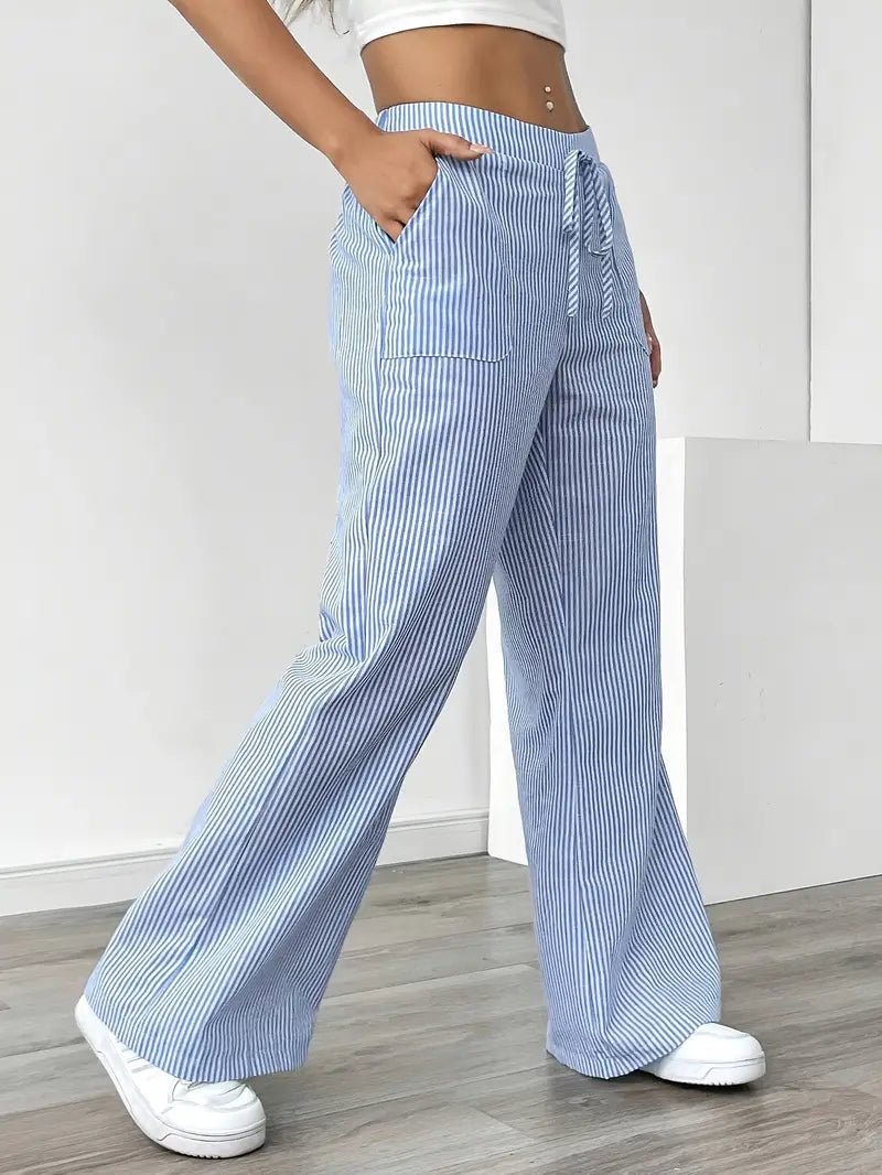 Women's Linen Wide-Leg Trousers with Vertical Stripes and Drawstring Waist | Lightweight Summer Trousers with Pockets | Koossa