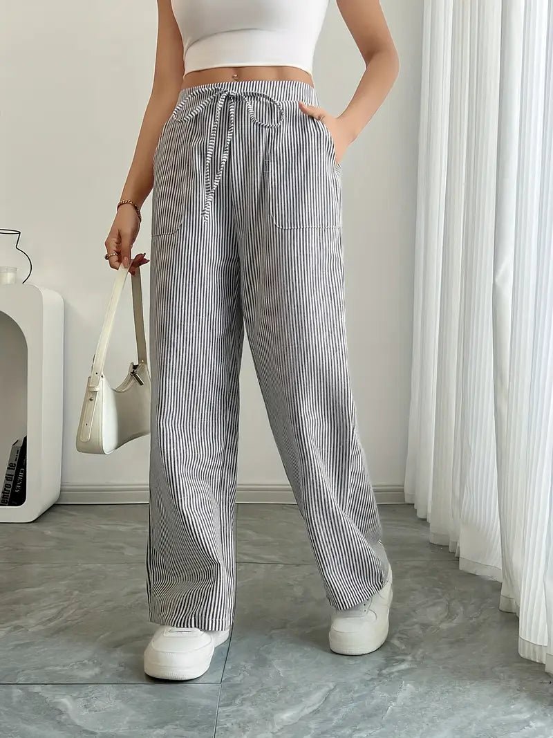 Women's Linen Wide-Leg Trousers with Vertical Stripes and Drawstring Waist | Lightweight Summer Trousers with Pockets | Koossa