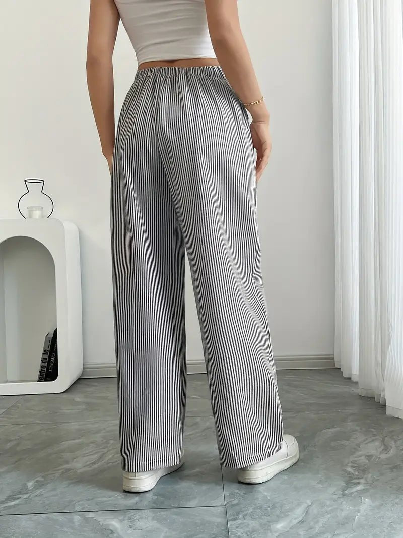 Women's Linen Wide-Leg Trousers with Vertical Stripes and Drawstring Waist | Lightweight Summer Trousers with Pockets | Koossa