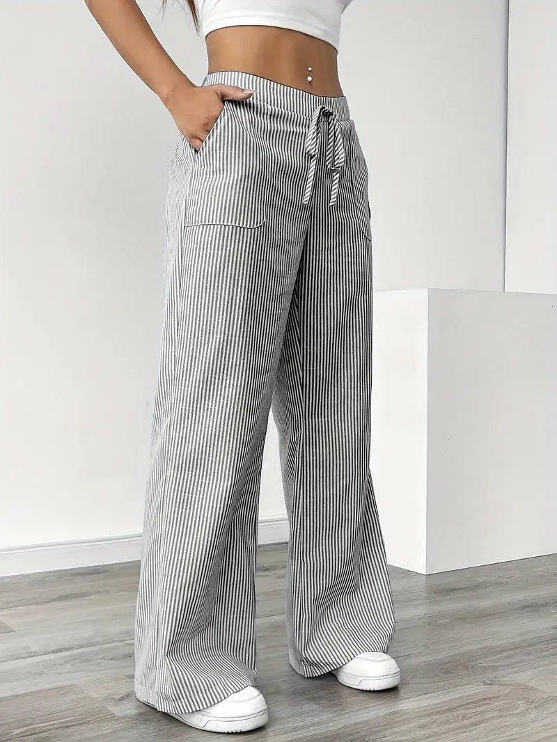 Women's Linen Wide-Leg Trousers with Vertical Stripes and Drawstring Waist | Lightweight Summer Trousers with Pockets | Koossa