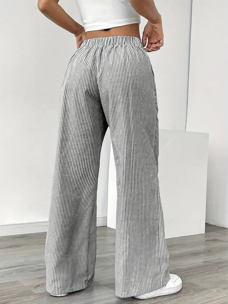 Women's Linen Wide-Leg Trousers with Vertical Stripes and Drawstring Waist | Lightweight Summer Trousers with Pockets | Koossa