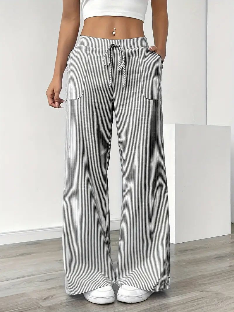 Women's Linen Wide-Leg Trousers with Vertical Stripes and Drawstring Waist | Lightweight Summer Trousers with Pockets | Koossa