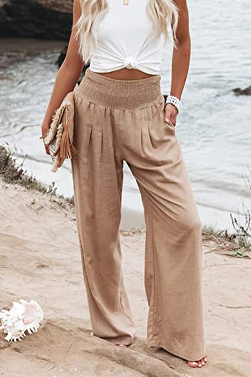 Women's Linen Wide Leg Trousers | High Waisted Smocked Waist | Lightweight Flowing Design | Perfect for Summer Holidays Garden Parties Casual Days | Koossa