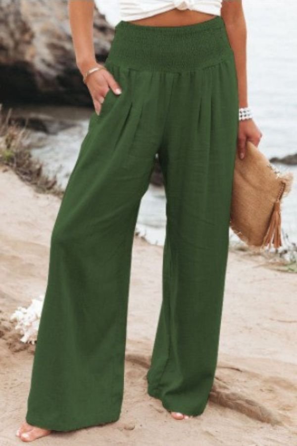 Women's Linen Wide Leg Trousers | High Waisted Smocked Waist | Lightweight Flowing Design | Perfect for Summer Holidays Garden Parties Casual Days | Koossa