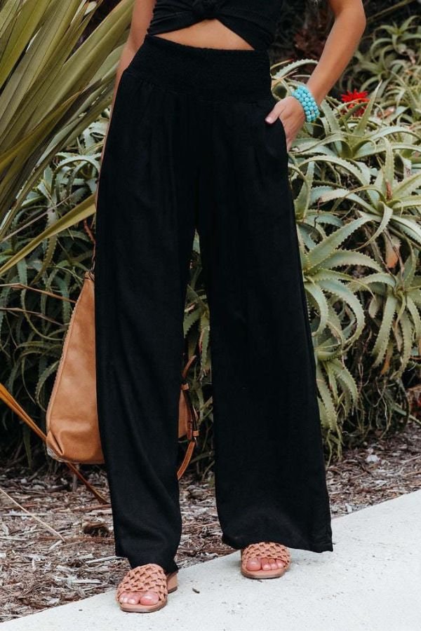 Women's Linen Wide Leg Trousers | High Waisted Smocked Waist | Lightweight Flowing Design | Perfect for Summer Holidays Garden Parties Casual Days | Koossa