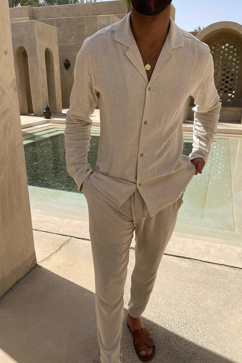 Linen-Blend Shirt and Trousers Co-ord Set in Beige for Smart-Casual Occasions | Koossa