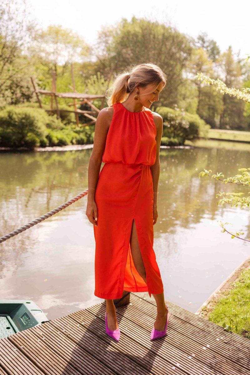 Women's High-Neck Sleeveless Midi Dress with Side Slit — Elegant Summer Dress for Warm Days & Evening Events | Koossa