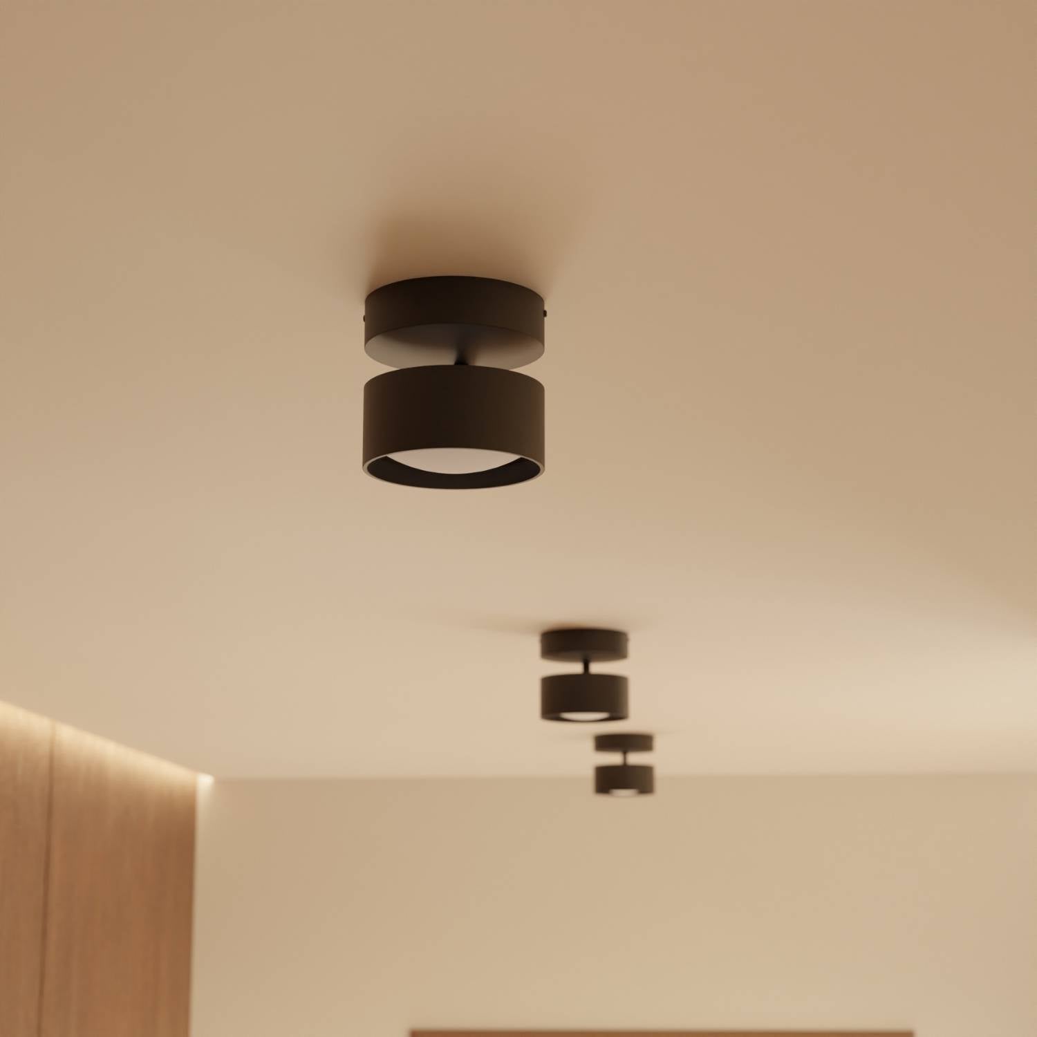 Plafonnier cylindrique LED double flux aluminium noir moderne pour entrée chambre salon couloir bureau | Koossa