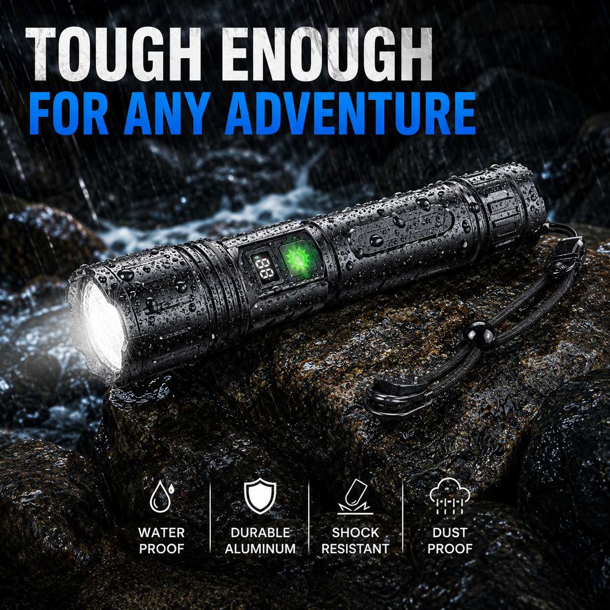 Lampe torche tactique rechargeable LED ultra-puissante étanche avec écran LCD fonction powerbank camping randonnée | Koossa
