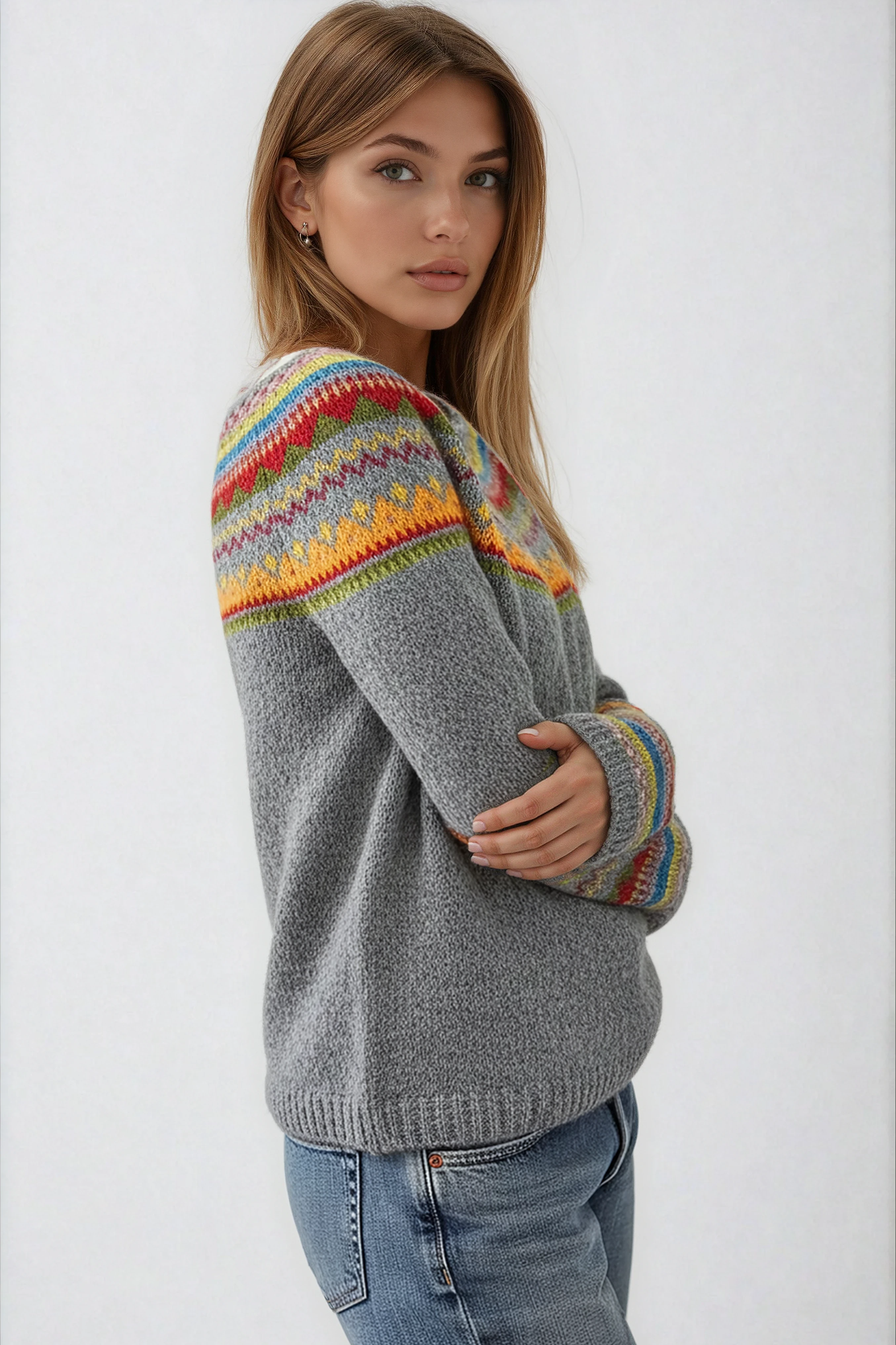 Women's Fair Isle Crew Neck Jumper — Classic Winter Knitwear with Traditional Yoke Pattern for Cosy Layering | Koossa