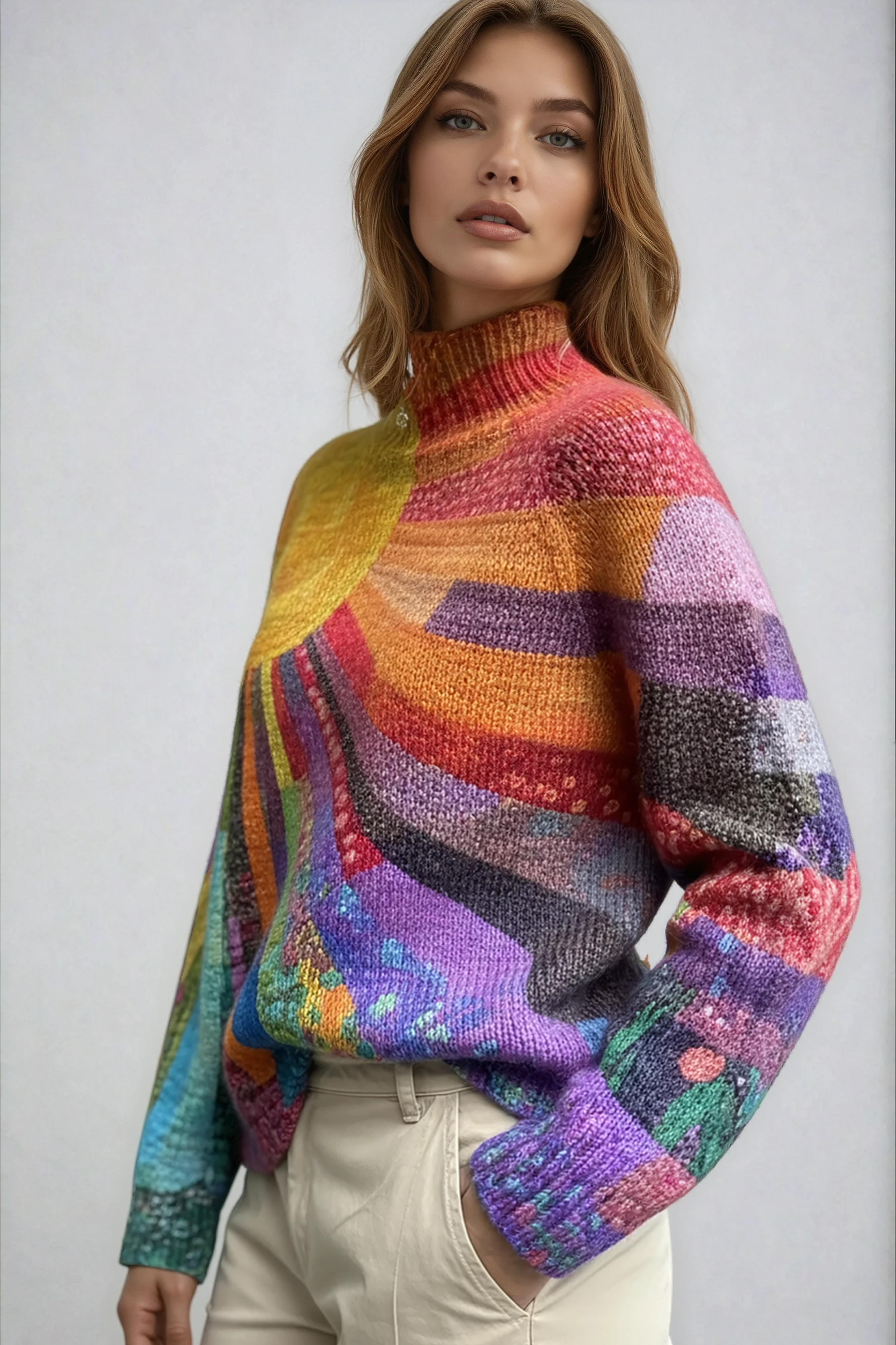 Women's High-Neck Jumper with Abstract Multicoloured Pattern | Koossa