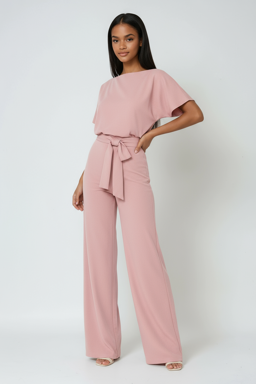 Wide-Leg Jumpsuit with Detachable Tie-Belt in Lightweight Fabric | Koossa