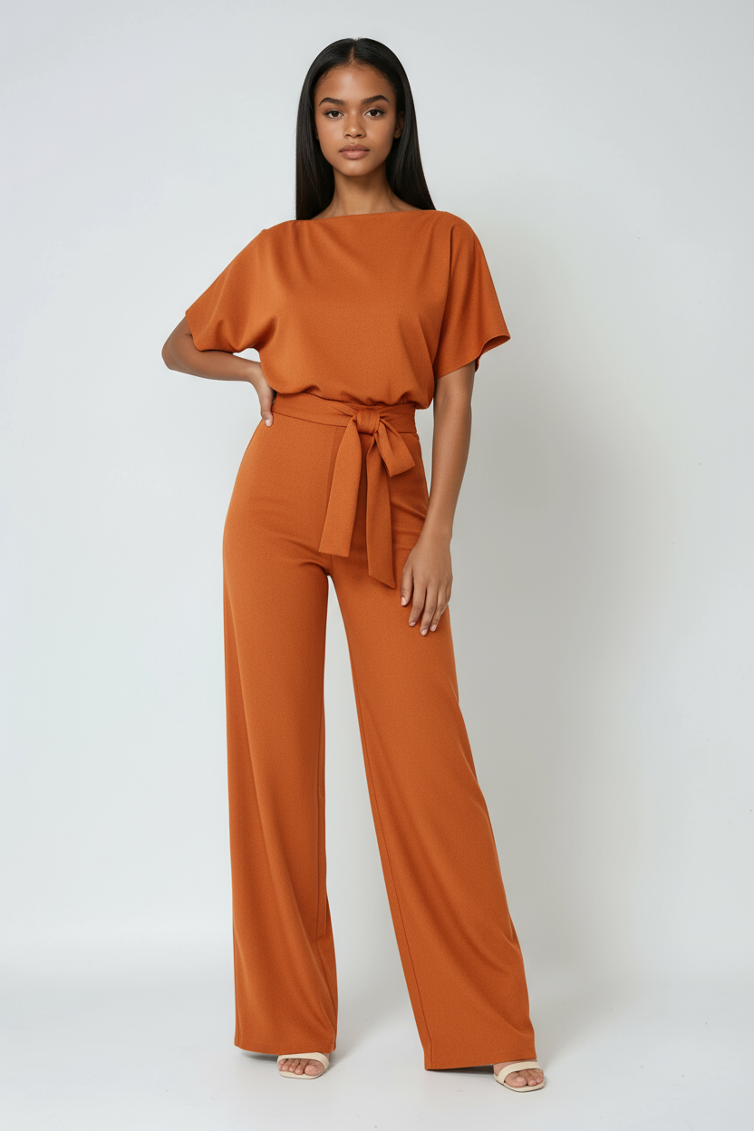 Wide-Leg Jumpsuit with Detachable Tie-Belt in Lightweight Fabric | Koossa