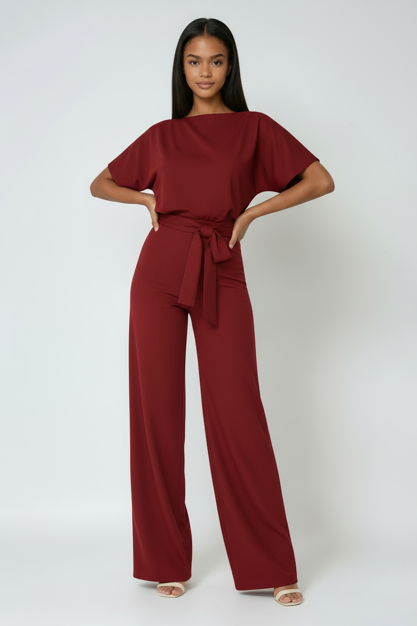 Wide-Leg Jumpsuit with Detachable Tie-Belt in Lightweight Fabric | Koossa