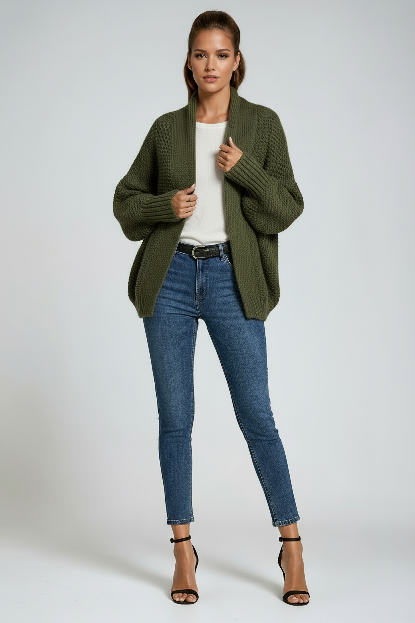 Draped Open-Front Knitted Cardigan in Soft Ribbed-Cuff Fabric for Effortless Layering and Year-Round Elegance | Koossa