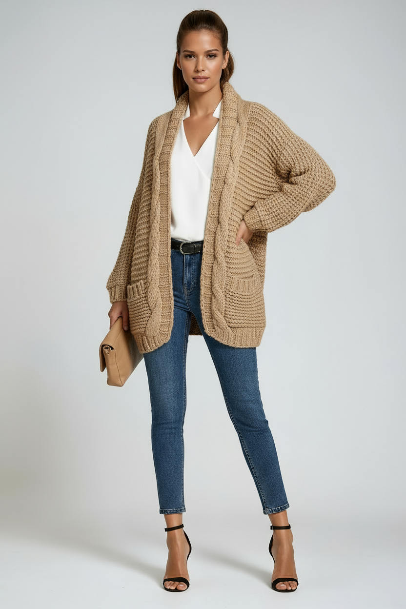 Chunky Knit Open-Front Cardigan in Soft Wool Blend Grey Beige Pink Black Purple Green Orange | Relaxed Layering Piece Long Sleeve Pockets | Koossa