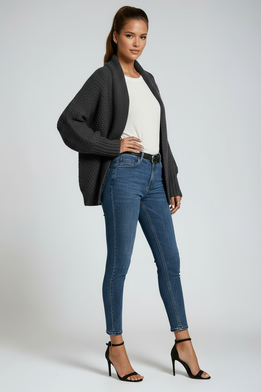 Draped Open-Front Knitted Cardigan in Soft Ribbed-Cuff Fabric for Effortless Layering and Year-Round Elegance | Koossa