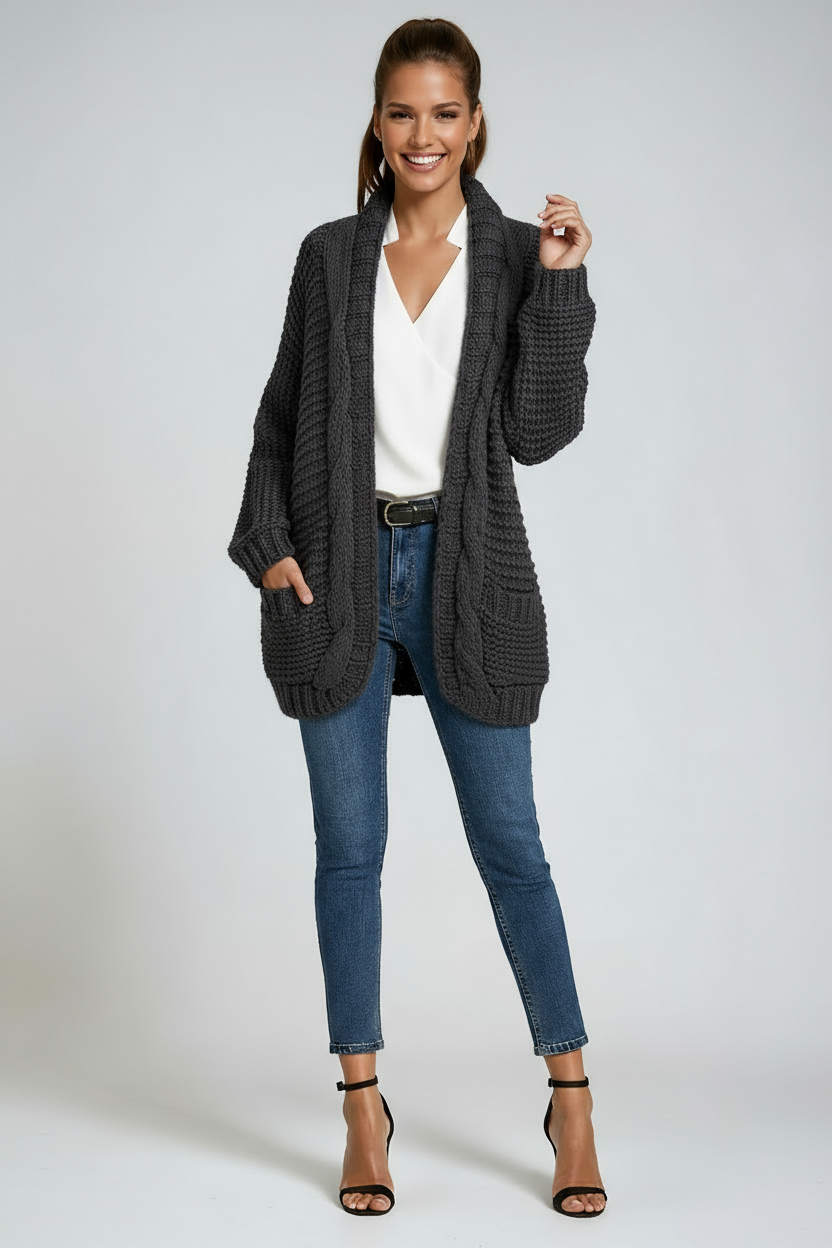 Chunky Knit Open-Front Cardigan in Soft Wool Blend Grey Beige Pink Black Purple Green Orange | Relaxed Layering Piece Long Sleeve Pockets | Koossa