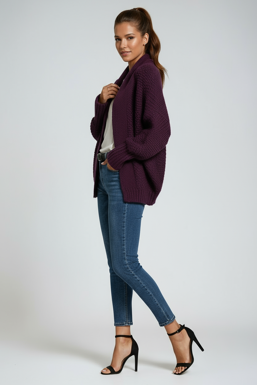 Draped Open-Front Knitted Cardigan in Soft Ribbed-Cuff Fabric for Effortless Layering and Year-Round Elegance | Koossa