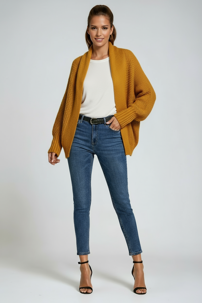 Draped Open-Front Knitted Cardigan in Soft Ribbed-Cuff Fabric for Effortless Layering and Year-Round Elegance | Koossa