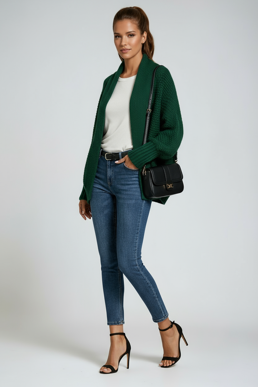 Draped Open-Front Knitted Cardigan in Soft Ribbed-Cuff Fabric for Effortless Layering and Year-Round Elegance | Koossa