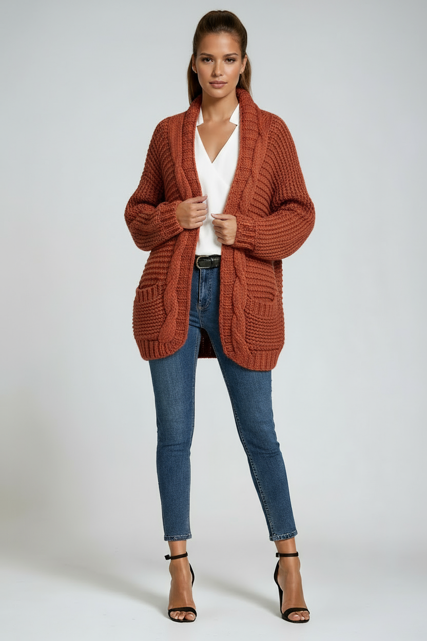 Chunky Knit Open-Front Cardigan in Soft Wool Blend Grey Beige Pink Black Purple Green Orange | Relaxed Layering Piece Long Sleeve Pockets | Koossa