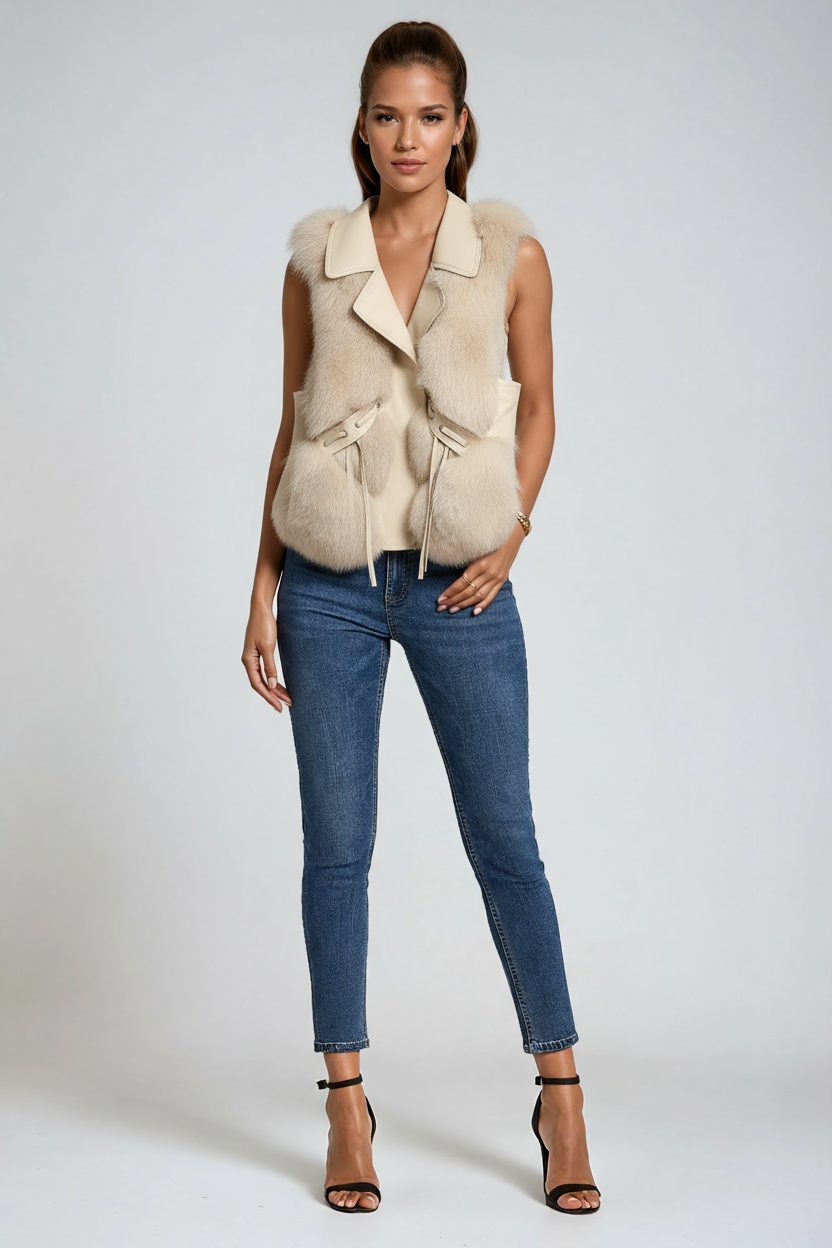 Faux Fur Sleeveless Gilet in Ivory, Brown and Black | Koossa
