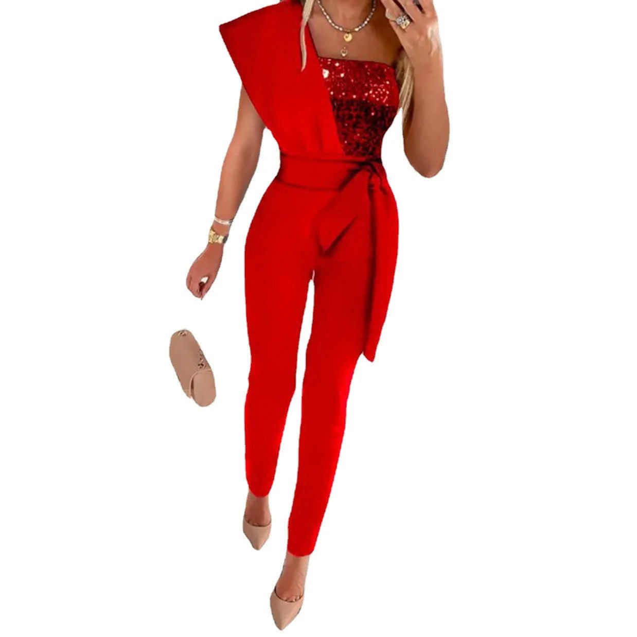 Women's Sequin One-Shoulder Jumpsuit — Elegant Wide-Leg Occasion Jumpsuit for Evening Events & Parties | Koossa
