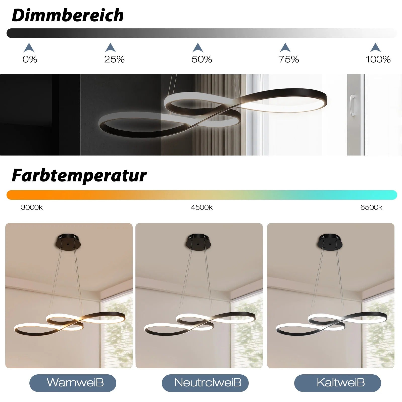 Suspension LED à Anneaux Réglable en Hauteur Trois Températures de Couleur Aluminium Acrylique Design Moderne | Koossa
