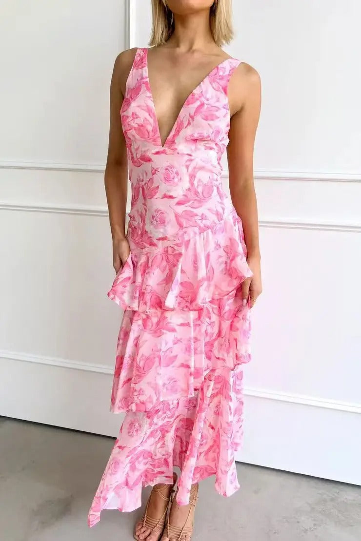 Tiered Maxi Dress with Open Back and Flowing Skirt in Green, Purple, Pink, Red, Yellow | Koossa