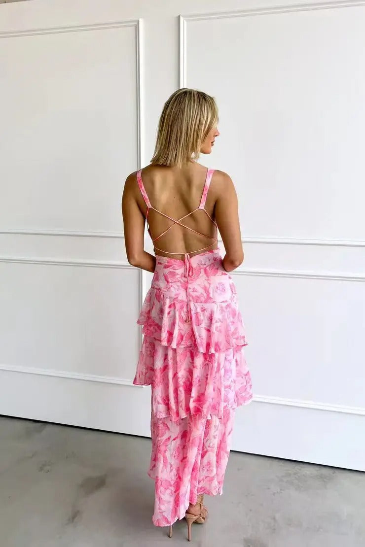 Tiered Maxi Dress with Open Back and Flowing Skirt in Green, Purple, Pink, Red, Yellow | Koossa