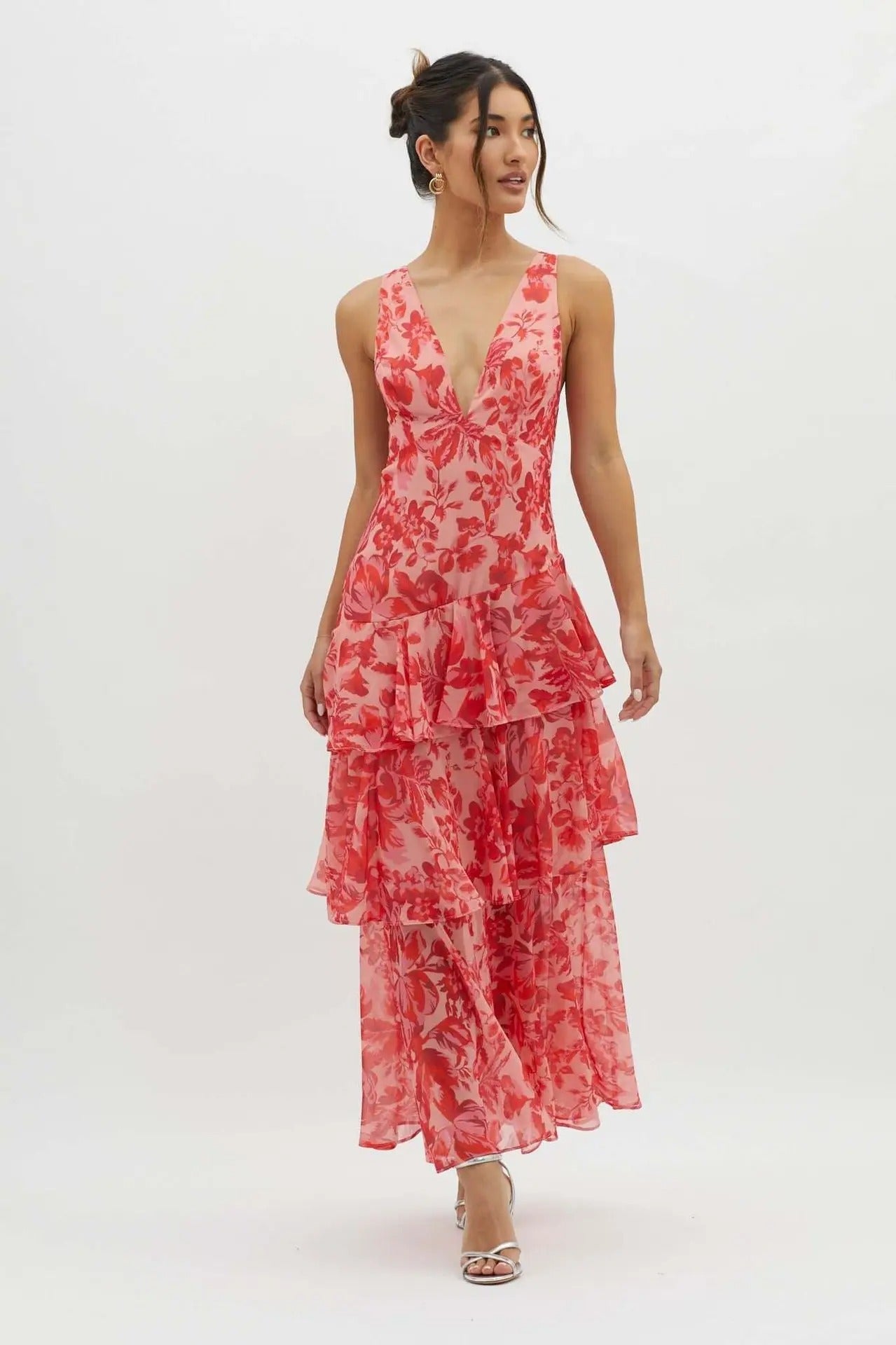 Tiered Maxi Dress with Open Back and Flowing Skirt in Green, Purple, Pink, Red, Yellow | Koossa