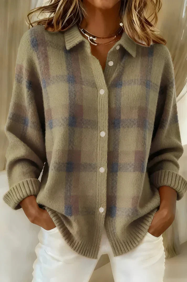 Women's Longline Button-Front Checkered Cardigan in Soft Knit | Relaxed Fit Layering Piece for Cool Days and Casual Elegance | Koossa