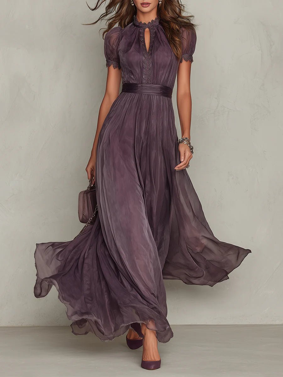Women's Floor-Length Dress with Keyhole Neckline and Gathered Sleeves in Rich Purple | Koossa