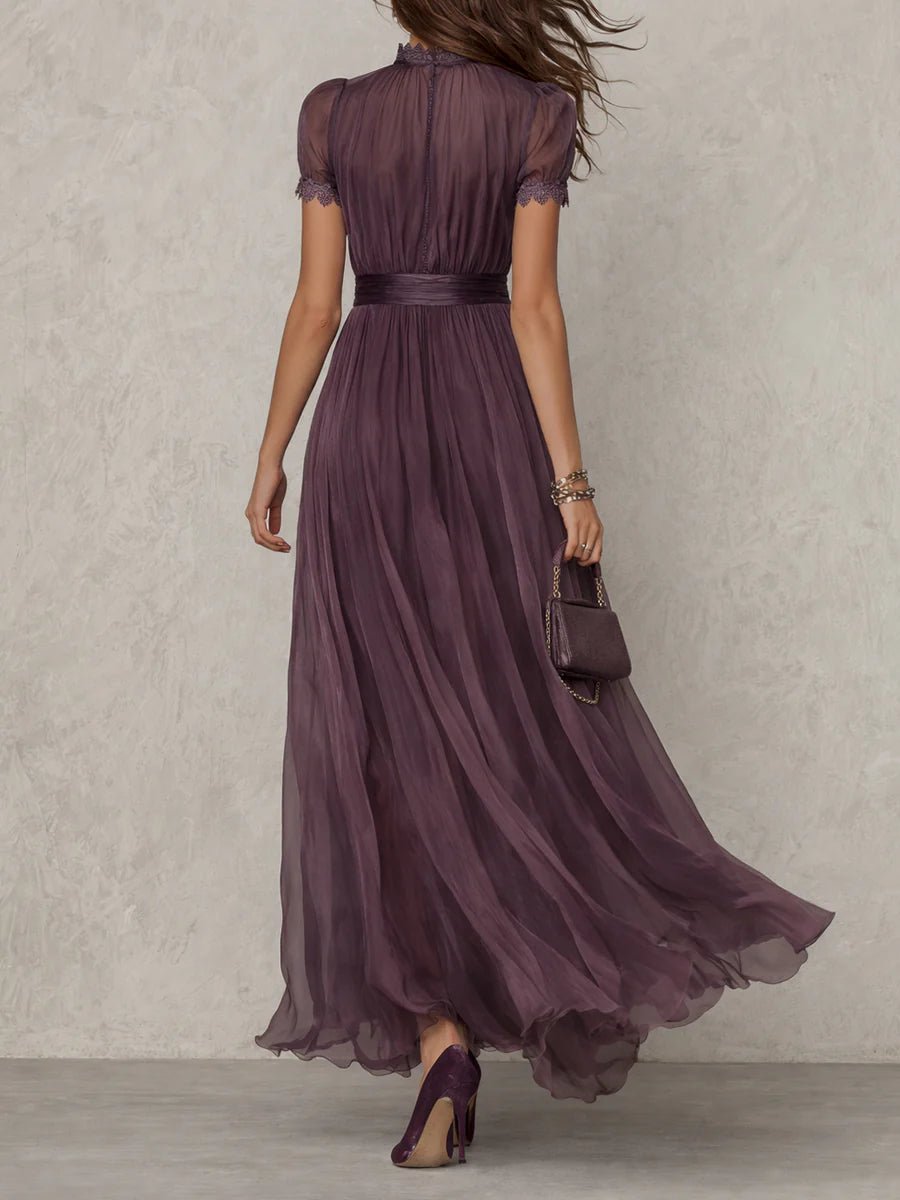 Women's Floor-Length Dress with Keyhole Neckline and Gathered Sleeves in Rich Purple | Koossa