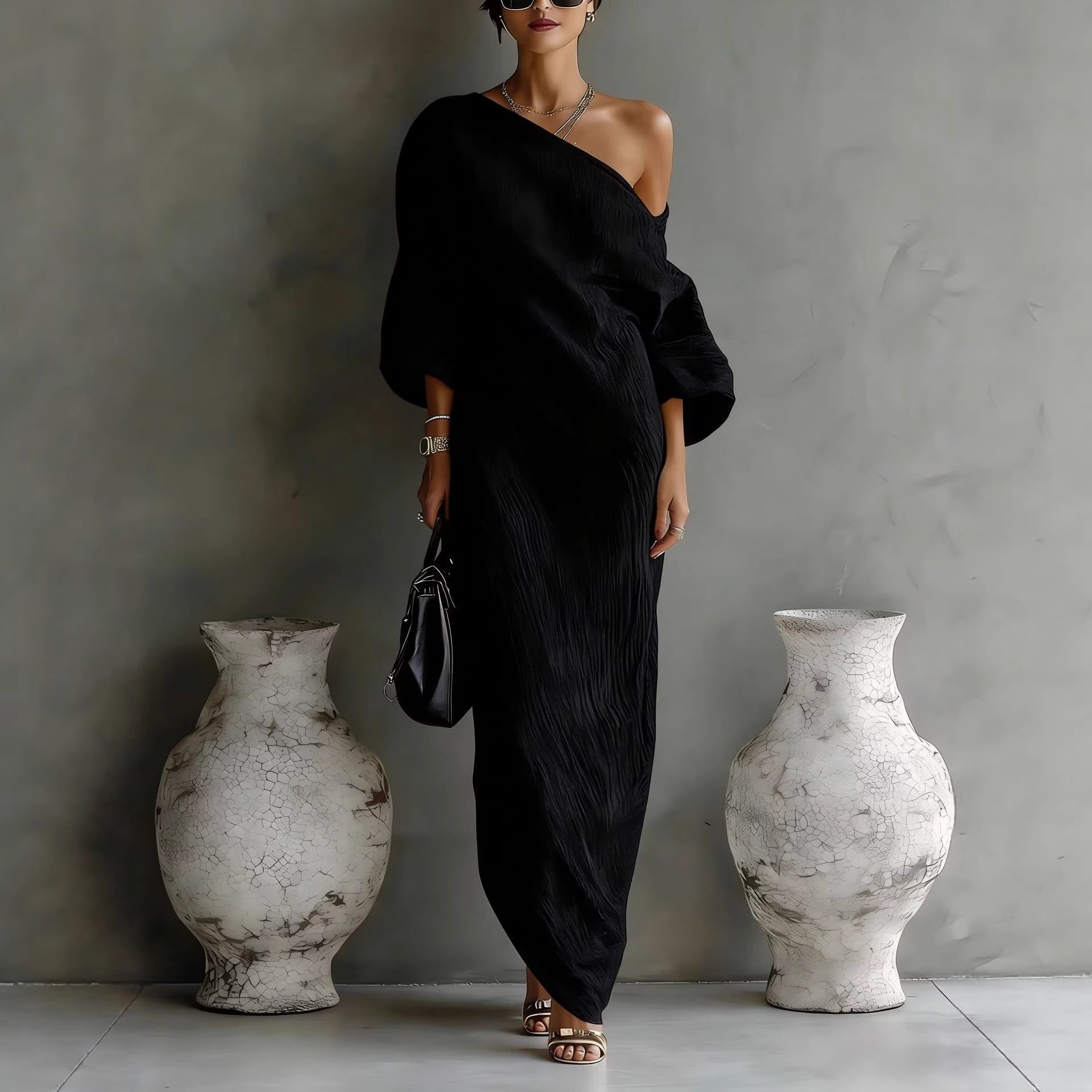Women's One-Shoulder Linen Maxi Dress in Grey, White, Blue & Black for Garden Parties & Coastal Holidays | Relaxed Loose Fit Asymmetric Neckline Statement Lantern Sleeve Summer Evening Dress | Koossa